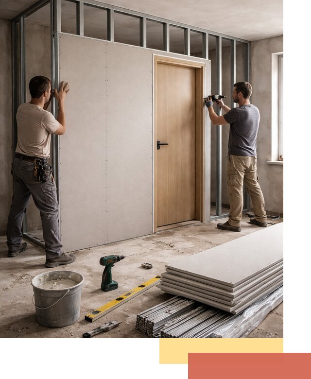 Перегородка из гипсокартона с дверью под ключ в Балахне